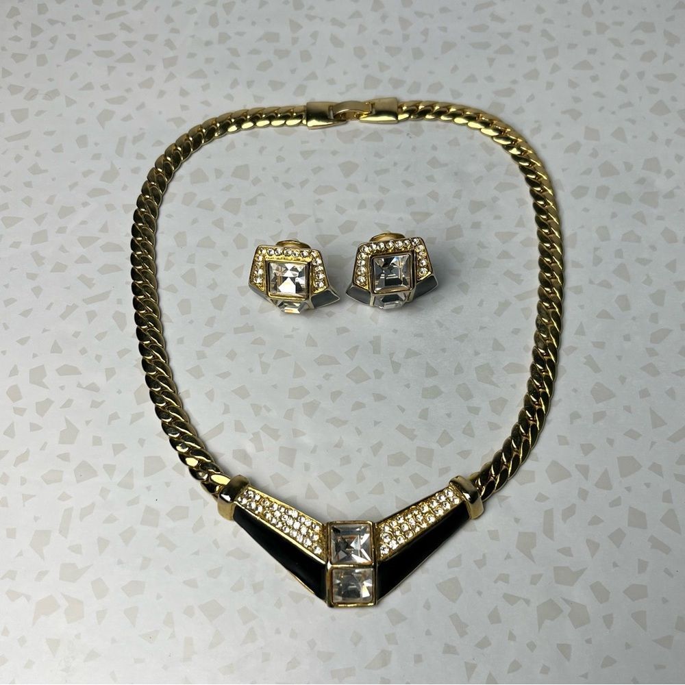 Park Lane Gold Tone Black Enamel Rhinestone Collar Bib Necklace & Earrings